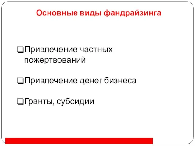 Основные виды фандрайзинга Привлечение частных пожертвований Привлечение денег бизнеса Гранты, субсидии