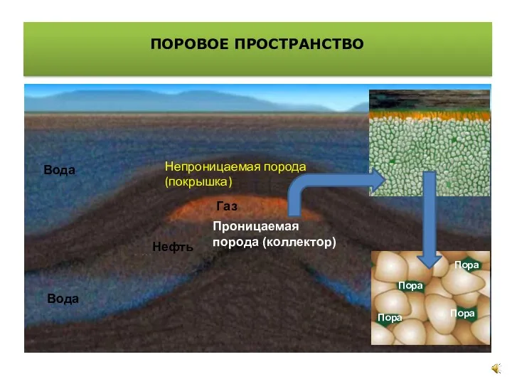 ПОРОВОЕ ПРОСТРАНСТВО Проницаемая порода (коллектор) Пора Пора Пора Пора Вода Вода Нефть Газ Непроницаемая порода (покрышка)