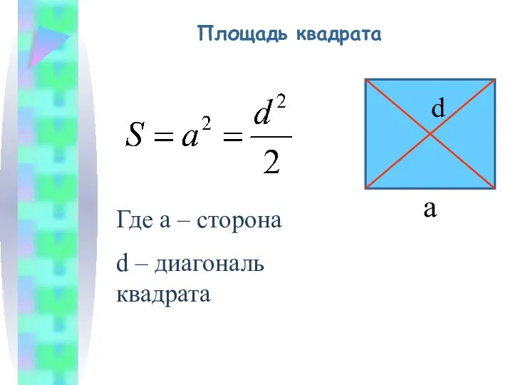 Площадь квадрата Где a – сторона d – диагональ квадрата a d