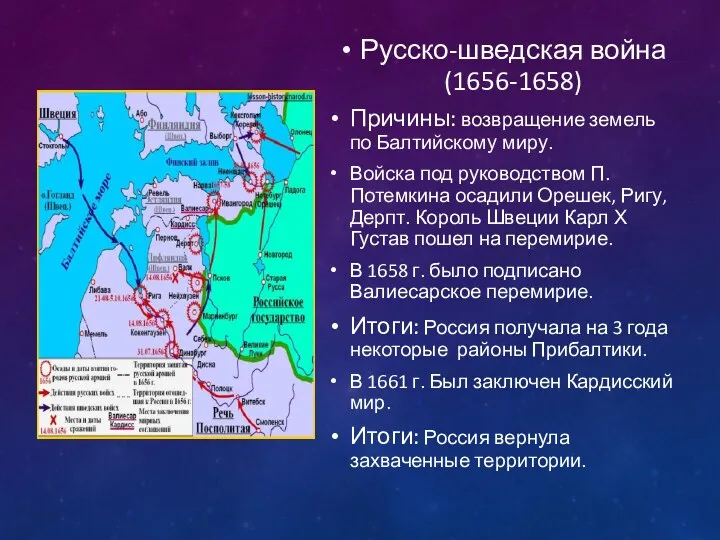 Русско-шведская война(1656-1658) Причины: возвращение земель по Балтийскому миру. Войска под