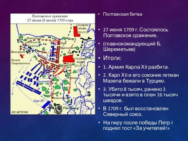 Полтавская битва 27 июня 1709 г. Состоялось Полтавское сражение. (главнокомандующий