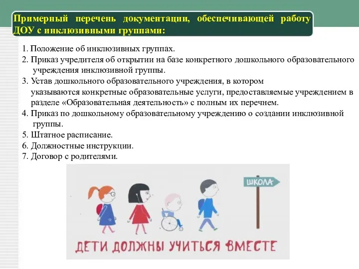 1. Положение об инклюзивных группах. 2. Приказ учредителя об открытии на базе конкретного