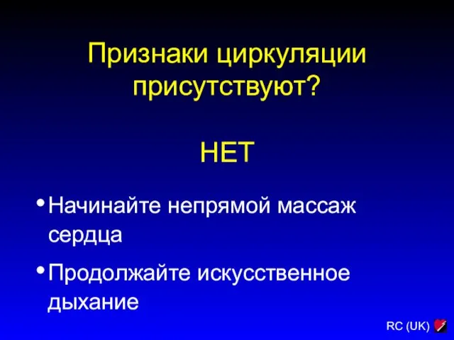 Признаки циркуляции присутствуют? НЕТ Начинайте непрямой массаж сердца Продолжайте искусственное дыхание