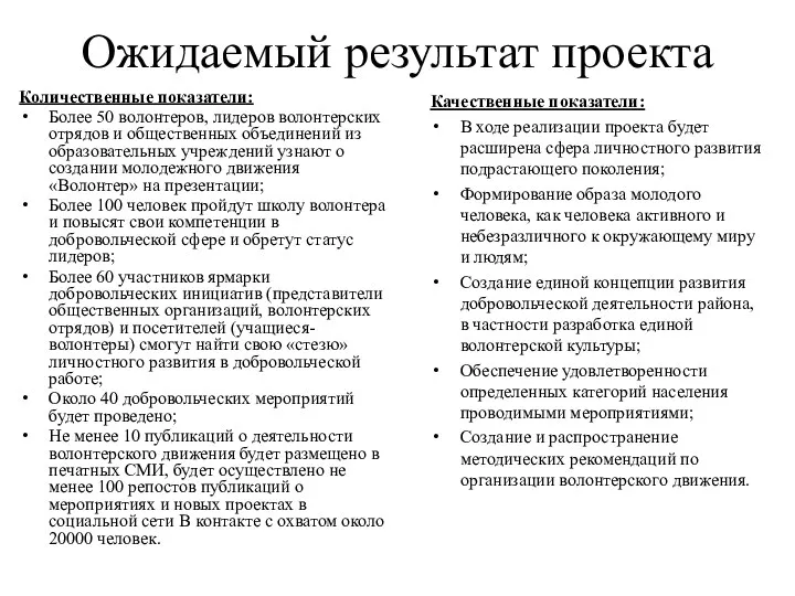 Ожидаемый результат проекта Количественные показатели: Более 50 волонтеров, лидеров волонтерских