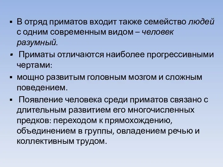 В отряд приматов входит также семейство людей с одним современным