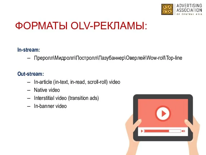 ФОРМАТЫ OLV-РЕКЛАМЫ: In-stream: Преролл\Мидролл\Постролл\Пазубаннер\Оверлей\Wow-roll\Top-line Out-stream: In-article (in-text, in-read, scroll-roll) video Native video Interstitial