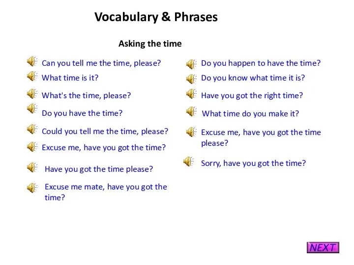 Vocabulary & Phrases Can you tell me the time, please?