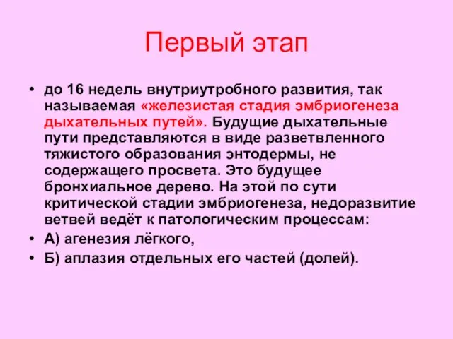 Первый этап до 16 недель внутриутробного развития, так называемая «железистая стадия эмбриогенеза дыхательных