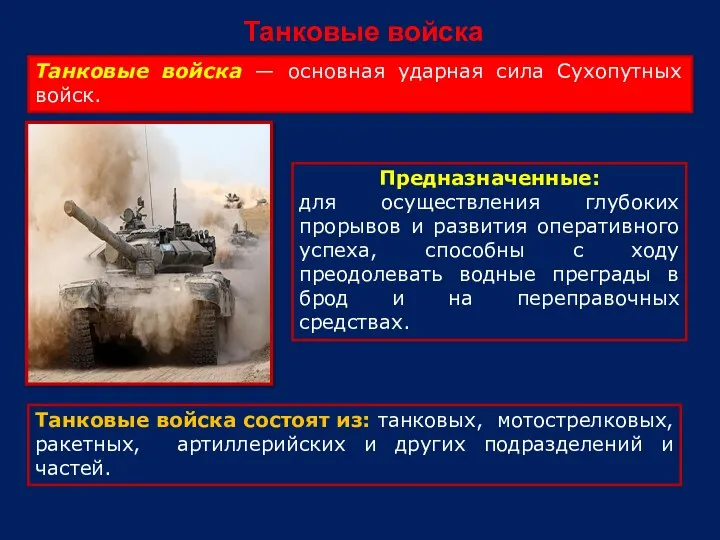 Танковые войска Танковые войска — основная ударная сила Сухопутных войск. Танковые войска состоят