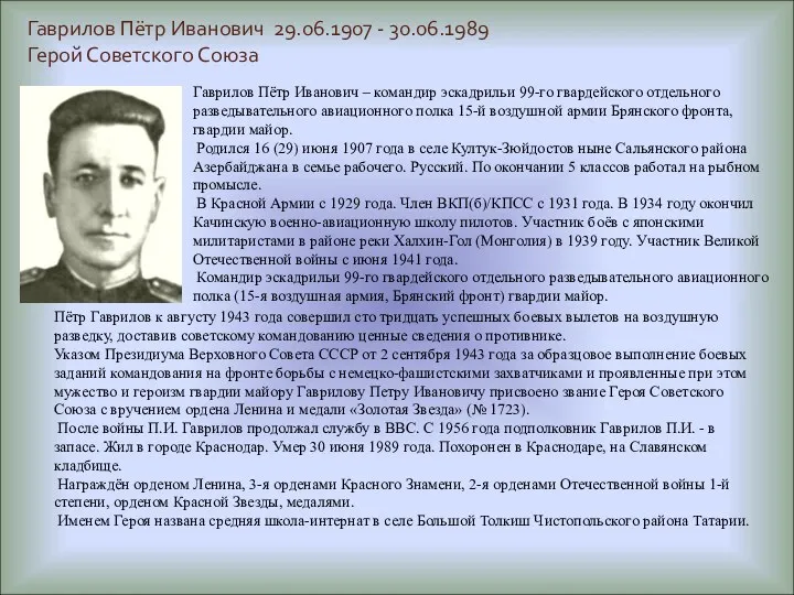 Гаврилов Пётр Иванович 29.06.1907 - 30.06.1989 Герой Советского Союза Гаврилов