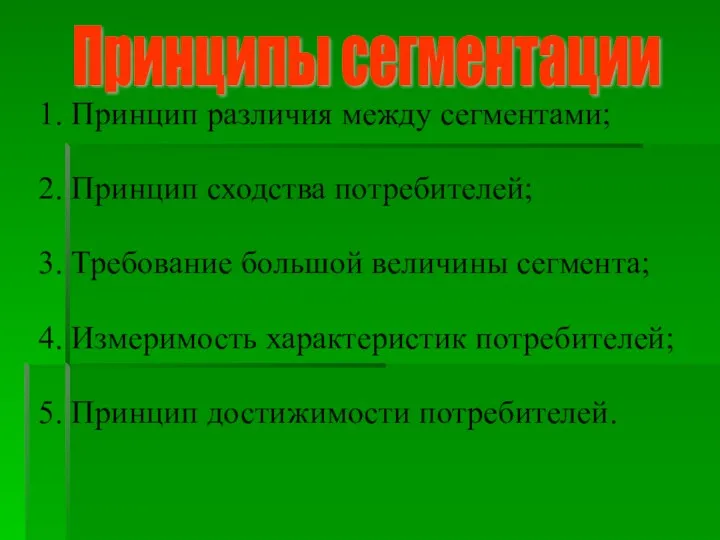 1. Принцип различия между сегментами; 2. Принцип сходства потребителей; 3.