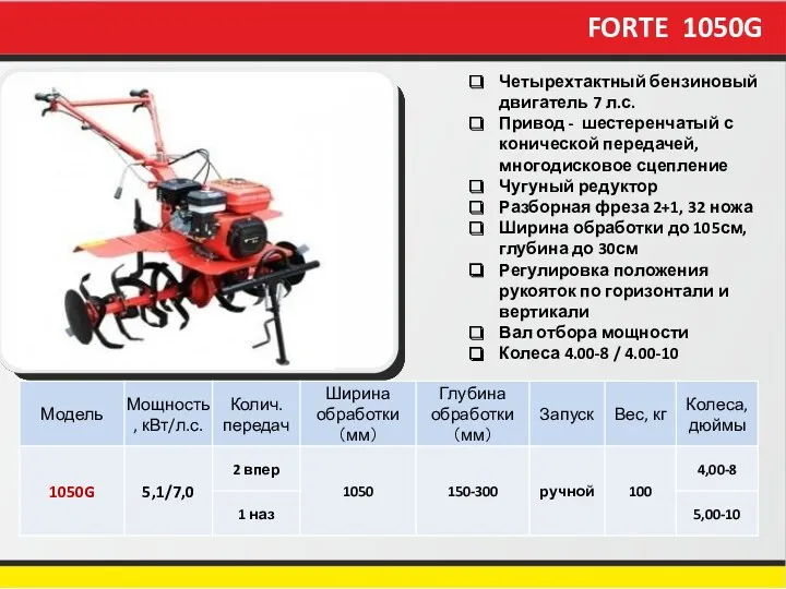 FORTE 1050G Четырехтактный бензиновый двигатель 7 л.с. Привод - шестеренчатый