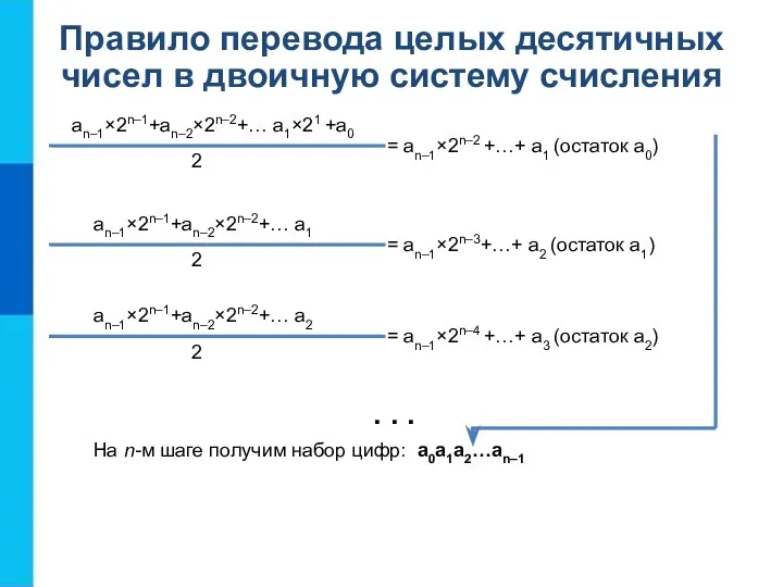 Правило перевода целых десятичных чисел в двоичную систему счисления an–1×2n–1+an–2×2n–2+… a1×21 +a0 =