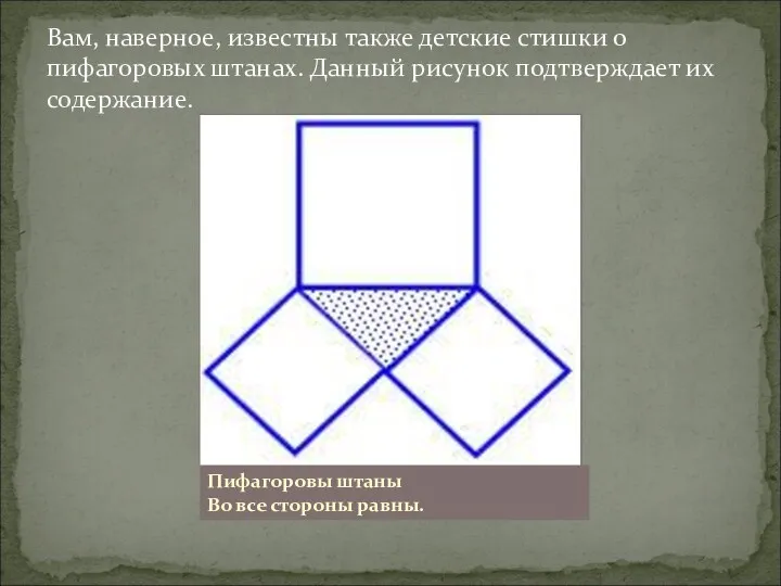 Вам, наверное, известны также детские стишки о пифагоровых штанах. Данный рисунок подтверждает их