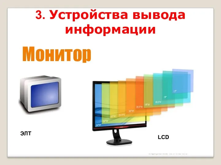 Усольцева Э.М-А. преподаватель информатики ГОУНПО КПУ 3. Устройства вывода информации Монитор LCD ЭЛТ