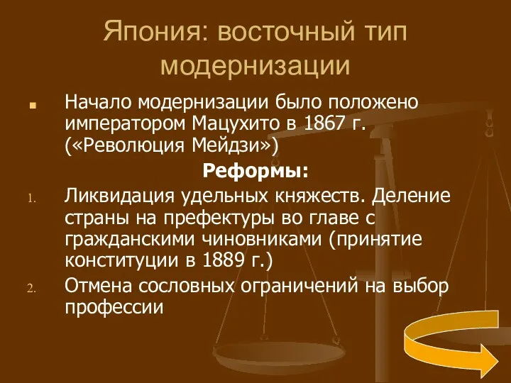 Япония: восточный тип модернизации Начало модернизации было положено императором Мацухито