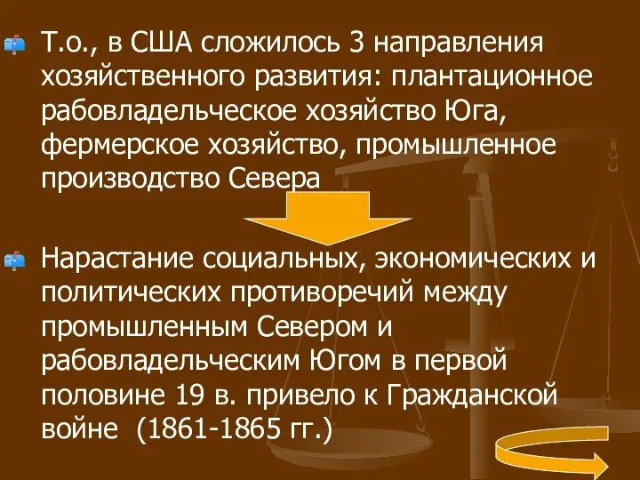 Т.о., в США сложилось 3 направления хозяйственного развития: плантационное рабовладельческое