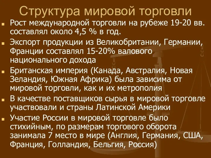 Структура мировой торговли Рост международной торговли на рубеже 19-20 вв.