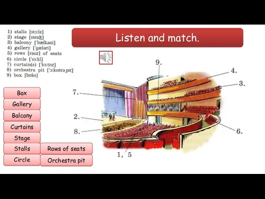 Listen and match. Box Gallery Balcony Curtains Stage Stalls Circle Rows of seats Orchestra pit