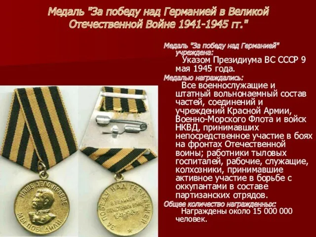 Медаль "За победу над Германией в Великой Отечественной Войне 1941-1945