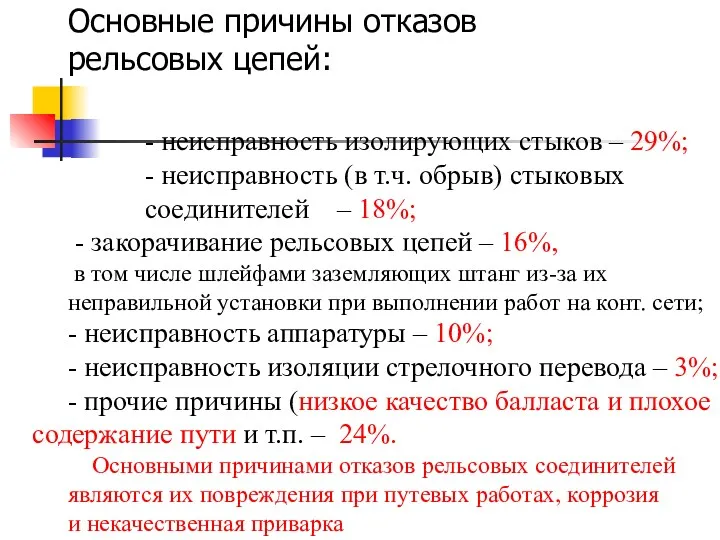 Основные причины отказов рельсовых цепей: - неисправность изолирующих стыков –