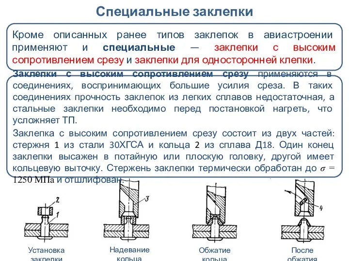 Специальные заклепки Кроме описанных ранее типов заклепок в авиастроении применяют