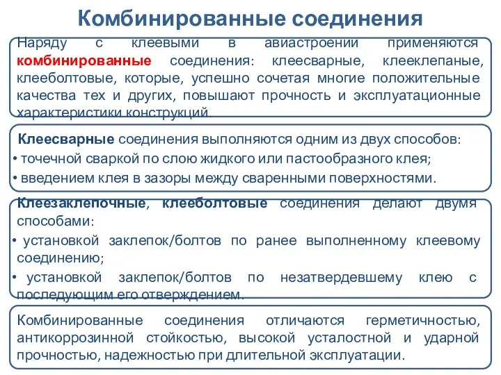 Комбинированные соединения Наряду с клеевыми в авиастроении применяются комбинированные соединения: