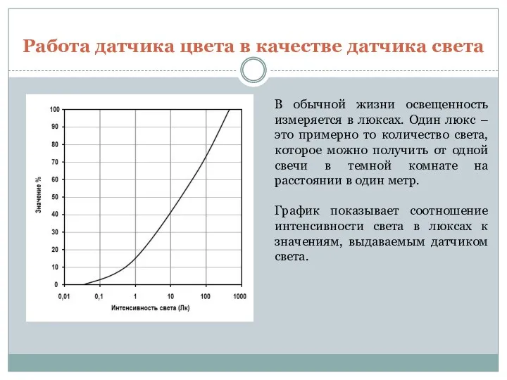 Работа датчика цвета в качестве датчика света В обычной жизни освещенность измеряется в