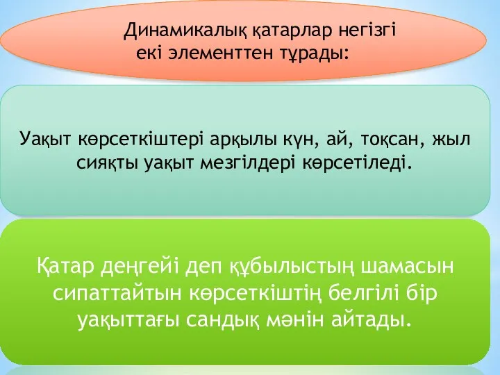 Динамикалық қатарлар негізгі екі элементтен тұрады: Уақыт көрсеткіштері арқылы күн,