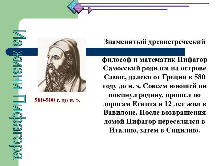 Знаменитый древнегреческий философ и математик Пифагор Самосский родился на острове Самос, далеко от