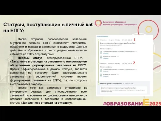 Статусы, поступающие в личный кабинет заявителя на ЕПГУ: После отправки