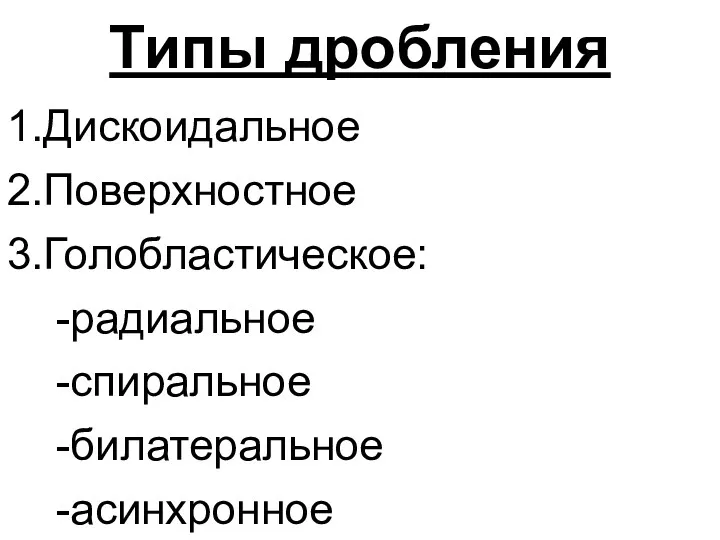 Типы дробления 1.Дискоидальное 2.Поверхностное 3.Голобластическое: -радиальное -спиральное -билатеральное -асинхронное