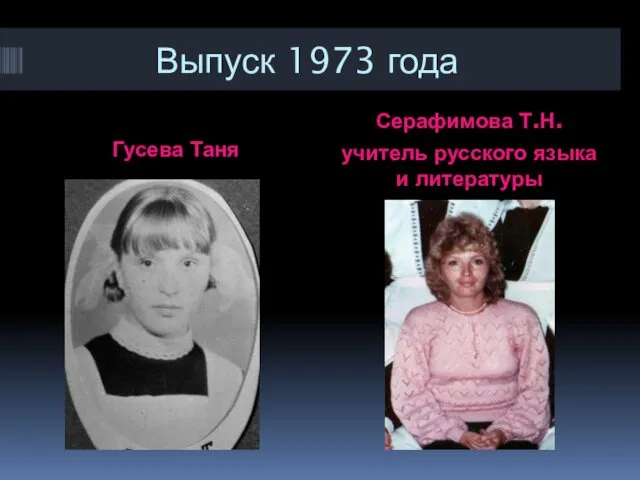Выпуск 1973 года Гусева Таня Серафимова Т.Н. учитель русского языка и литературы