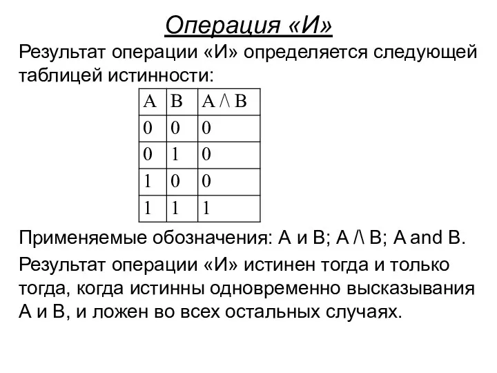 Операция «И» Результат операции «И» определяется следующей таблицей истинности: Применяемые