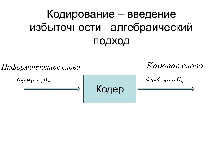 Кодирование – введение избыточности –алгебраический подход Кодер