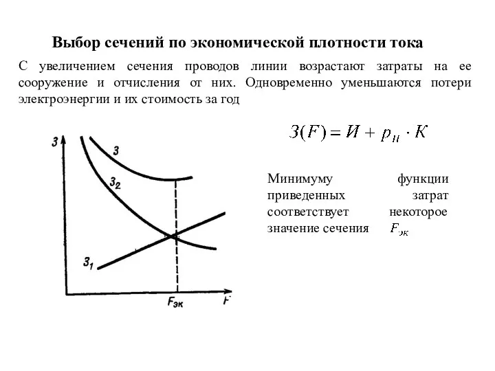 Выбор сечений по экономической плотности тока С увеличением сечения проводов линии возрастают затраты