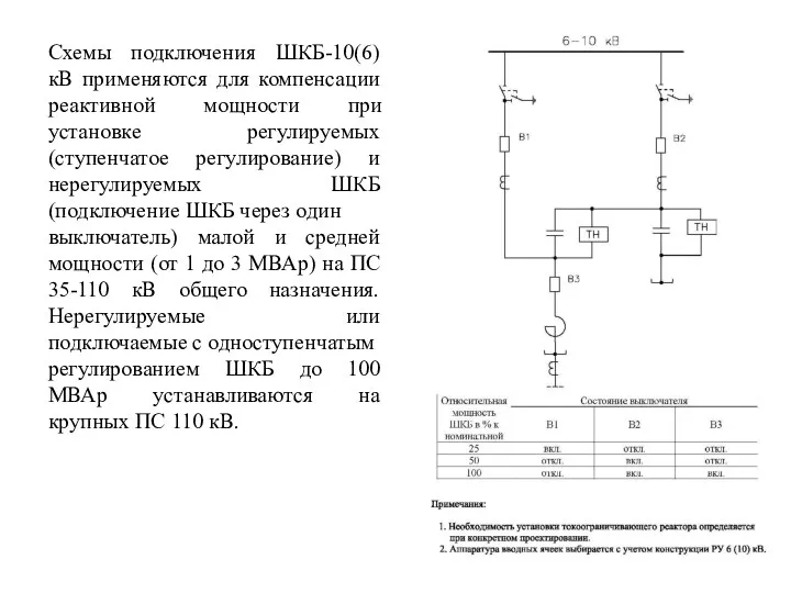 Схемы подключения ШКБ-10(6) кВ применяются для компенсации реактивной мощности при установке регулируемых (ступенчатое