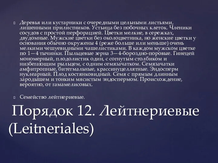 Деревья или кустарники с очередными цельными листьями, лишенными прилистников. Устьица