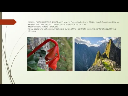 MACHU PICCHU HISTORIC SANCTUARY: Machu Picchu is situated in 32,000+ ha of Cloud