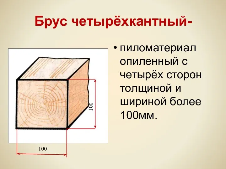 100 100 Брус четырёхкантный- пиломатериал опиленный с четырёх сторон толщиной и шириной более 100мм.