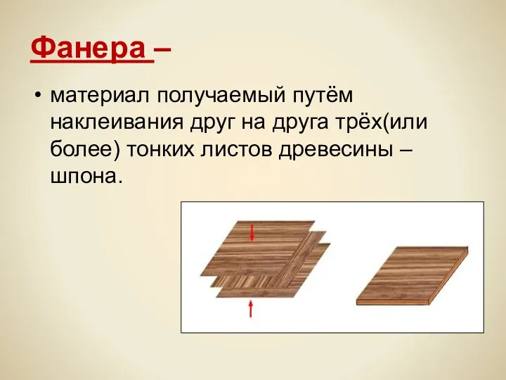 Фанера – материал получаемый путём наклеивания друг на друга трёх(или более) тонких листов древесины – шпона.