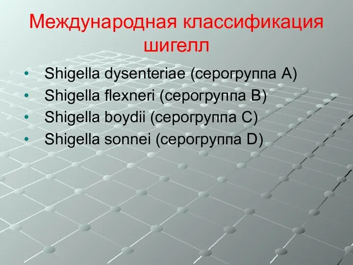 Международная классификация шигелл Shigella dysenteriae (серогруппа А) Shigella flexneri (серогруппа