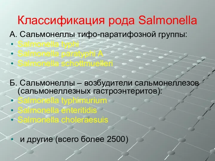 Классификация рода Salmonella А. Сальмонеллы тифо-паратифозной группы: Salmonella typhi Salmonella