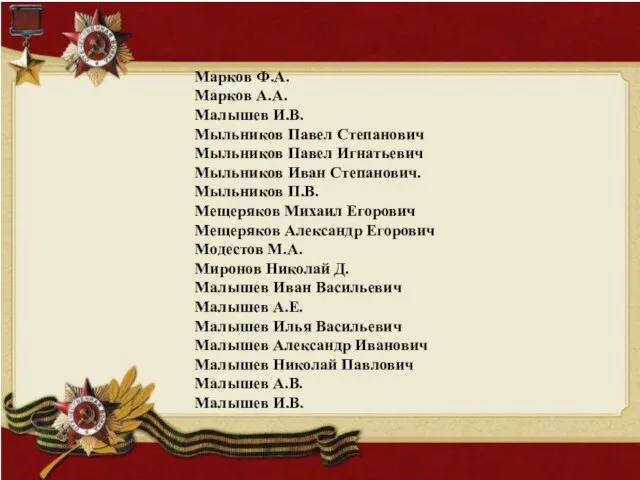 Марков Ф.А. Марков А.А. Малышев И.В. Мыльников Павел Степанович Мыльников Павел Игнатьевич Мыльников