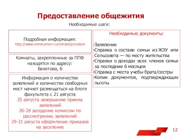 Предоставление общежития Необходимые шаги: Подробная информация: http://www.mininuniver.ru/entrant/provision Комнаты, закрепленные за