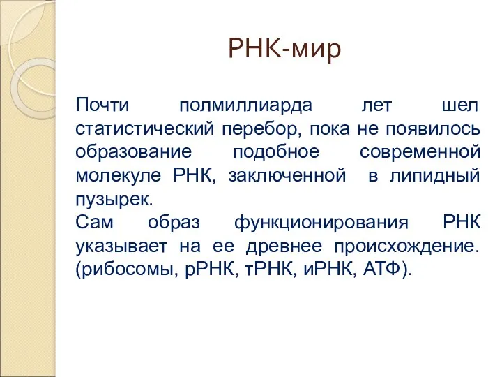 РНК-мир Почти полмиллиарда лет шел статистический перебор, пока не появилось