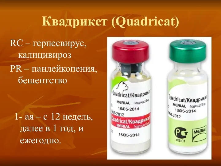 Квадрикет (Quadricat) RC – герпесвирус, калицивироз PR – панлейкопения, бешентство