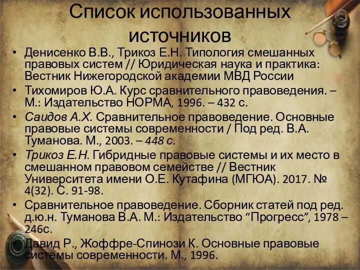 Список использованных источников Денисенко В.В., Трикоз Е.Н. Типология смешанных правовых