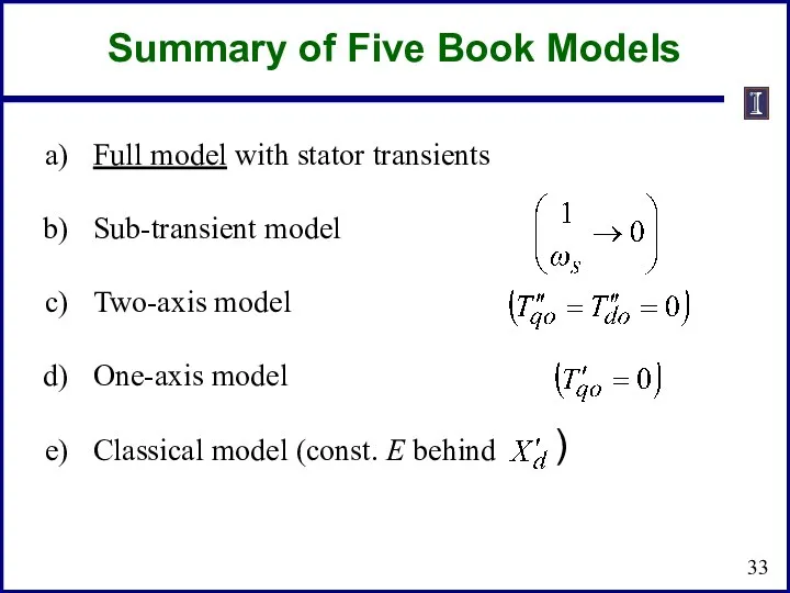 Full model with stator transients Sub-transient model Two-axis model One-axis