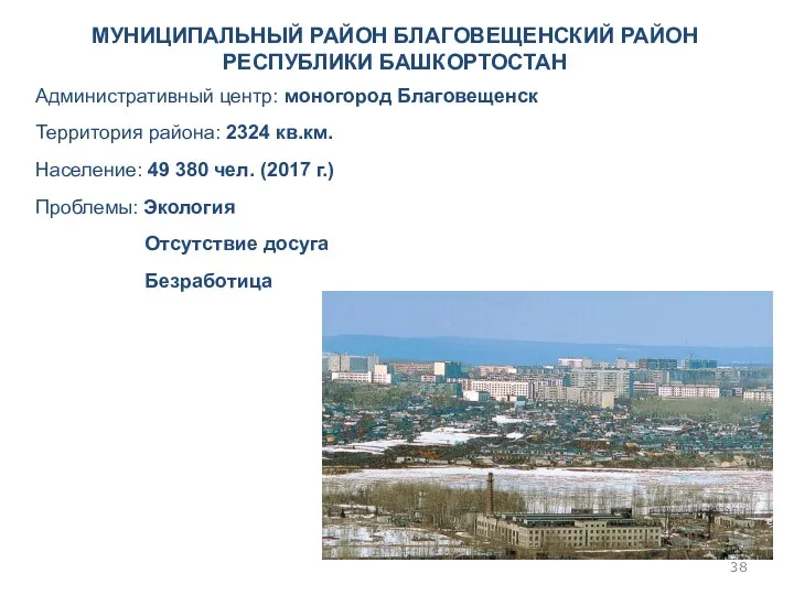 Административный центр: моногород Благовещенск Территория района: 2324 кв.км. Население: 49 380 чел. (2017